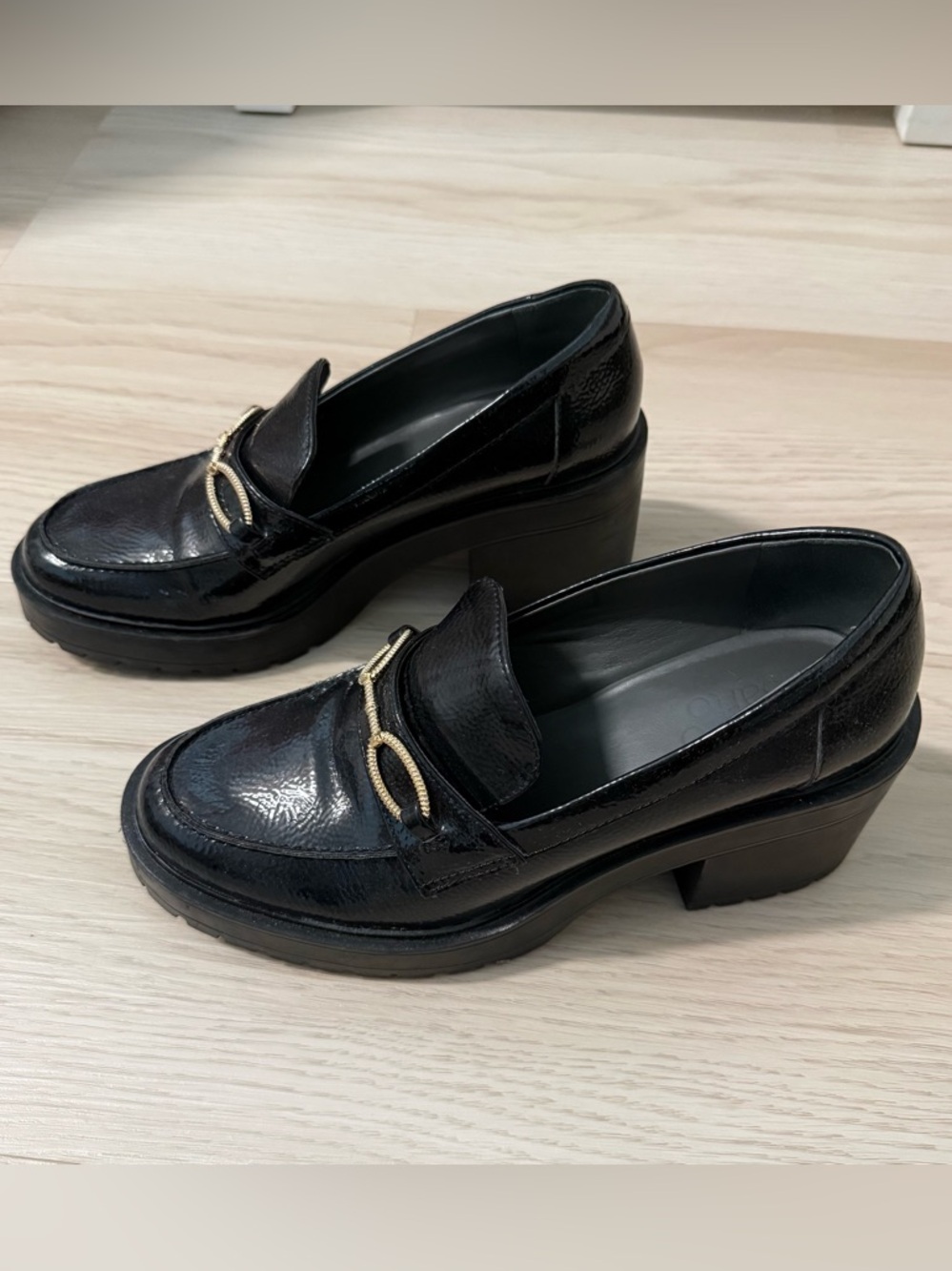 Black Patent Loafer with Gold Chain Accent - Women